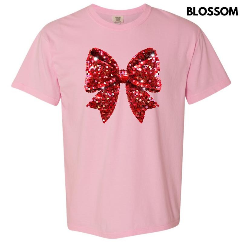 Bright Red Faux Sequin Bow Comfort Colors T-Shirt 'NLB'