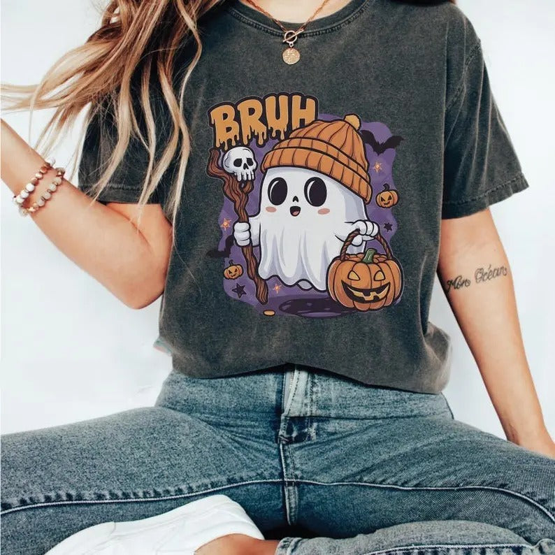 Bruh Ghost Halloween Shirt, Cute Spooky Season T-Shirt, Funny Ghost Graphic Shirt, Retro Halloween T-Shirt, Ghost Costume Shirt