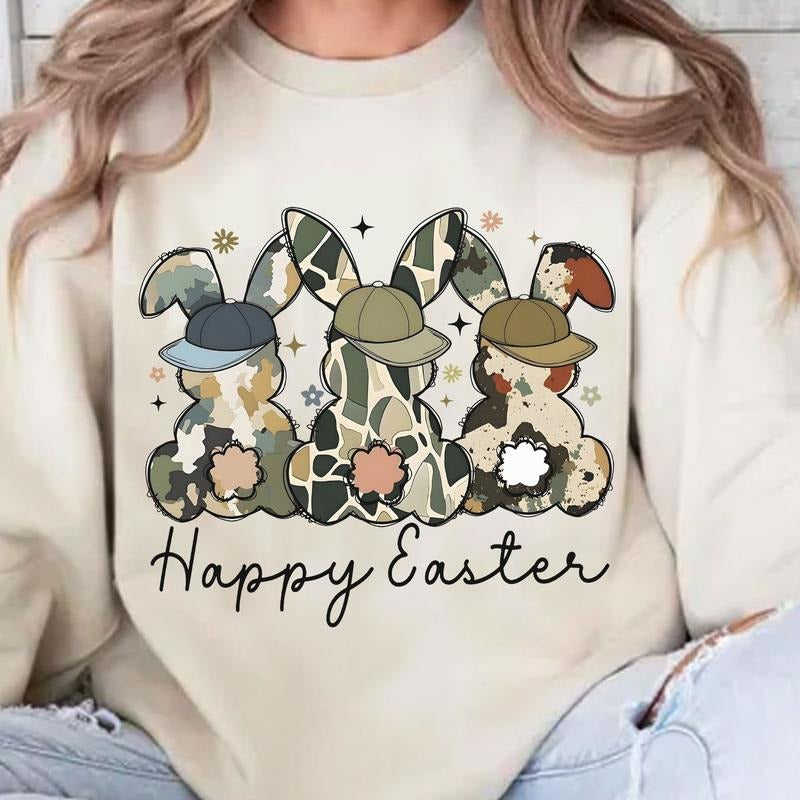 Brushstroke Bunny Oldchool Camo Pattern Easter Sweatshirt, Cute Camo Bunnies T-Shirt, Green Bunny Easter Shirt, Retro Easter Tee