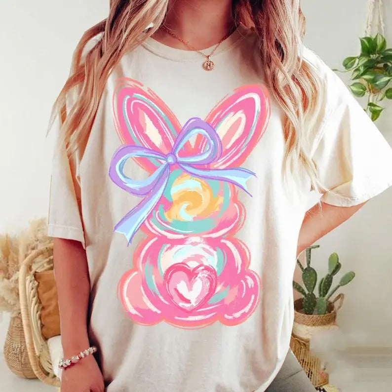 Brushstroke bunny easter T-shirt & Sweatshirt, Pink Bunny coquette bow Shirt, retro easter, Girls Gift, Gift for her, Gift for women, Happy Easter Day