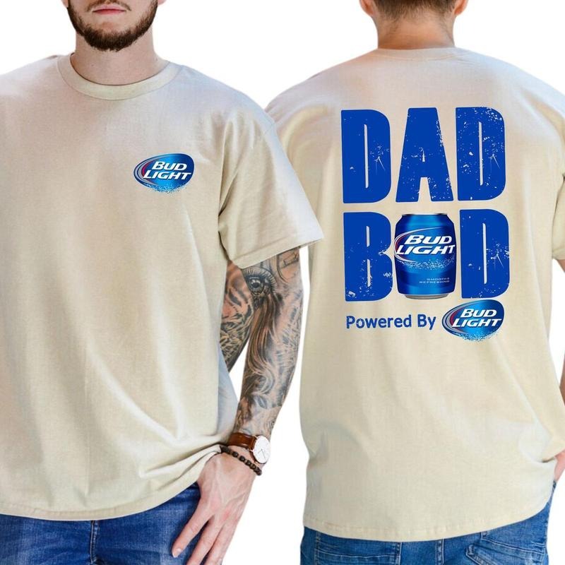 Bud Light Dad Bod Powered By Bud Light 2 Sided T-shirt Men's Beer Drinking Tees Funny Drink Top For Daddy Soft Cotton Classic Men's Graphic Tees