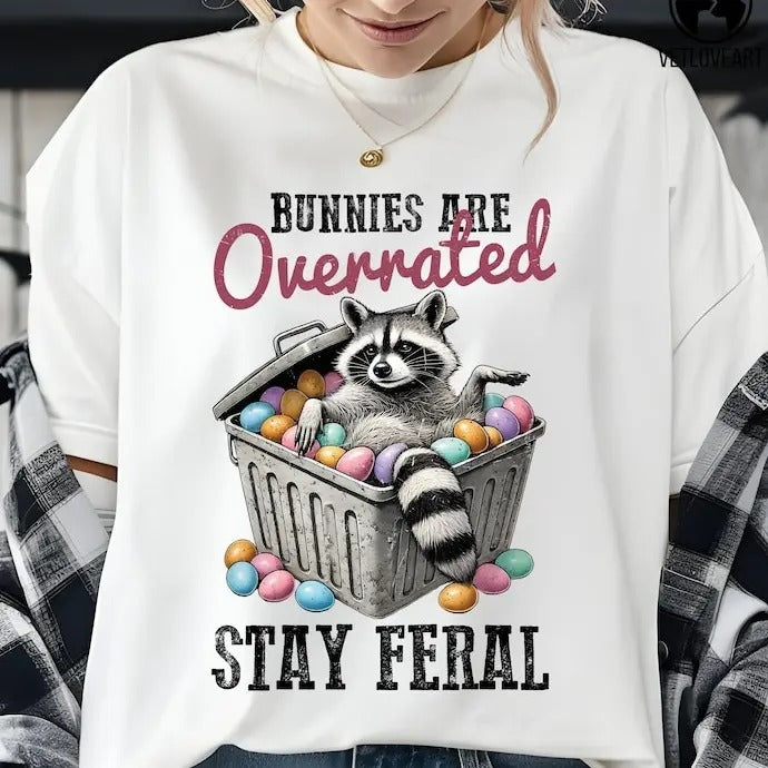 Bunnies Are Overrated Stay Feral T-shirt,Raccoon Easter Graphic Tee,Feral Easter,Funny T-shirt,Retro Easter Shirt,Sarcastic Cotton