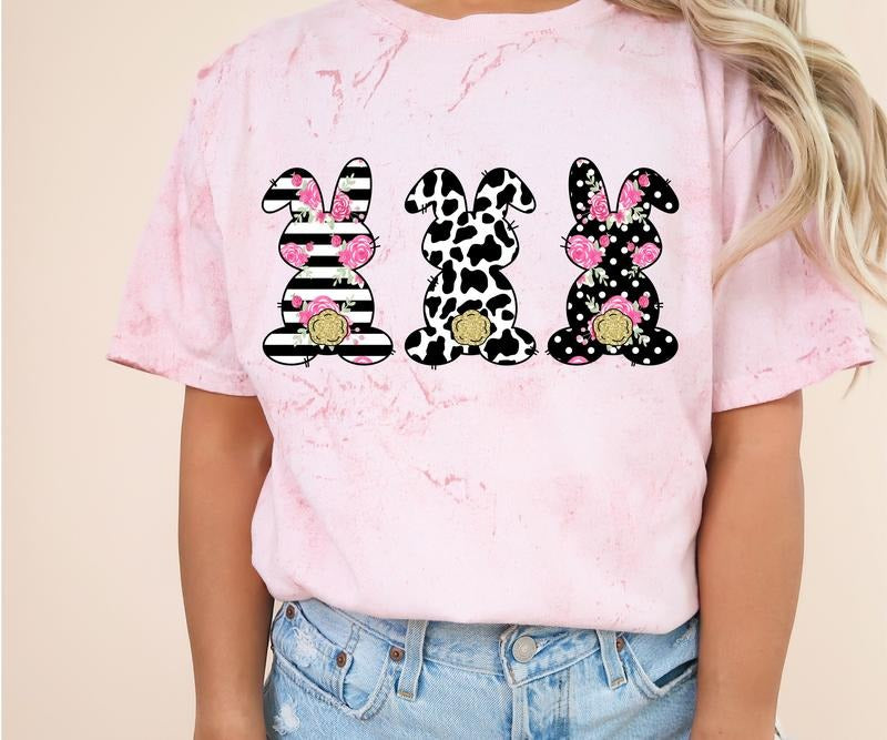 Bunny Print Comfort Colors Tee Shirt - Casual Top with Bunny and Leopard Print Design - Soft and Cute for Women