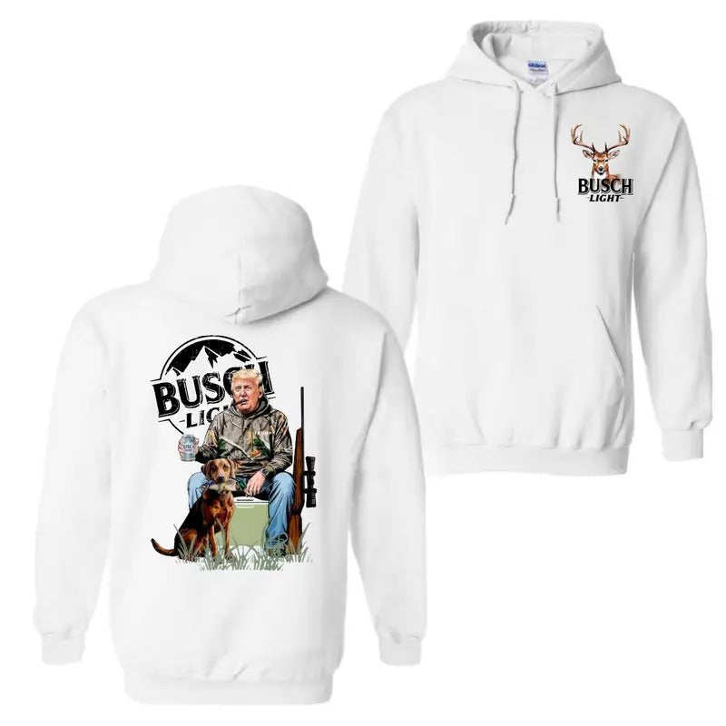 Busch Light Hoodie Sweatshirt T-Shirt, Donald Trump with Hunting Dog and Beer Graphic, Perfect for Hunters and Busch Light Fans, Unisex Hoodie