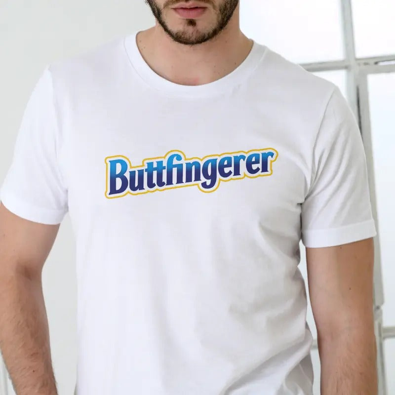 Buttfingerer Funny T-Shirt - Casual T-Shirt for Men, Short Sleeve Crewneck with Blue & Yellow Text Design