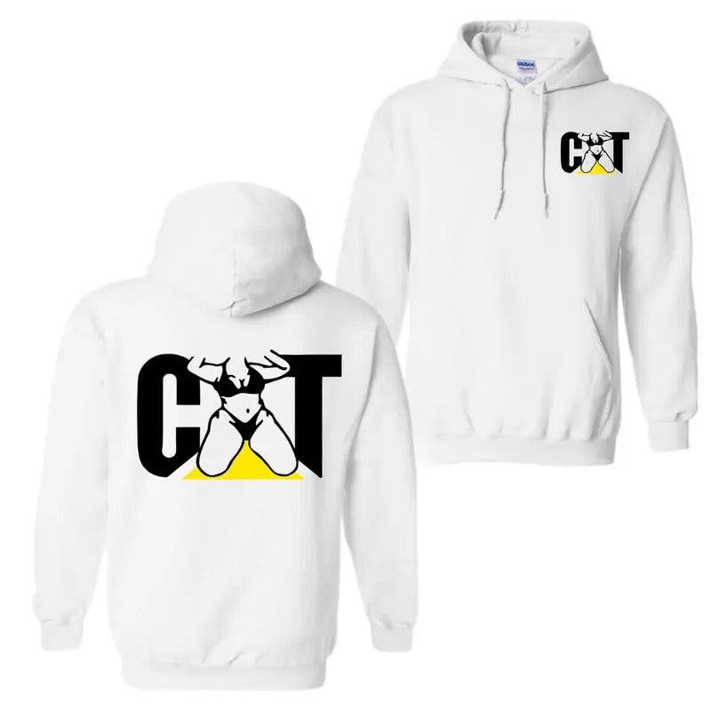 CAT With Woman 2 Sided Hoodie Sweatshirt T-Shirt, Unisex Classic Fabric Shirt, lady Cat tee, Menswear Sweaters Tops Pullover Human Casual Long Sleeve