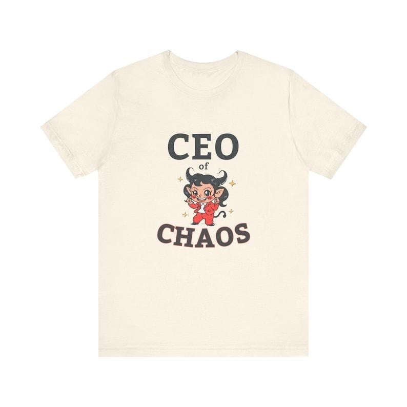CEO of CHAOS Shirt, Retro Aesthetic Devil Mascot Graphic Tee, Funny Cute Businesswoman T-Shirt, Work Office Humor Top for Boss Women