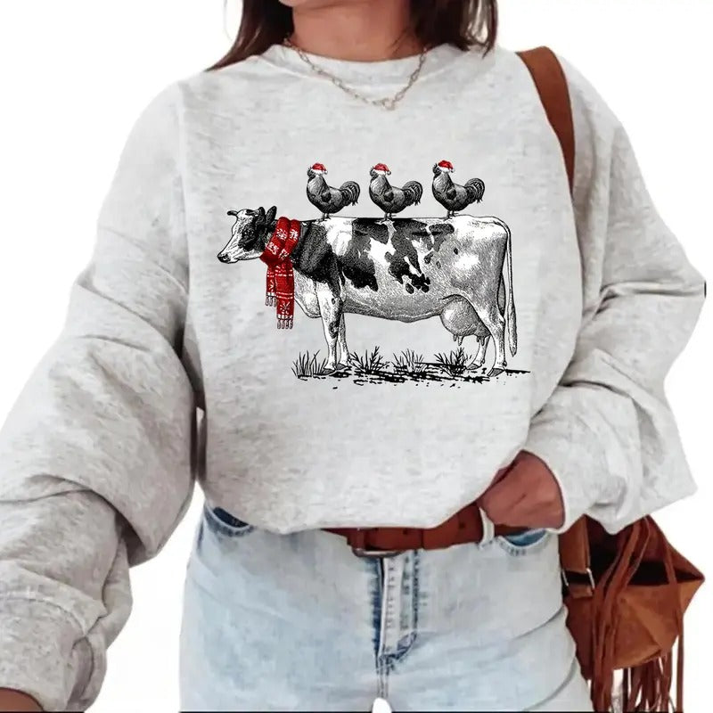 COW CHRISTMAS Chicken Sweatshirt Unisex T-shirt Hoodie xmas Funny 2024 2025 Cotton Pullover Womenswear Day