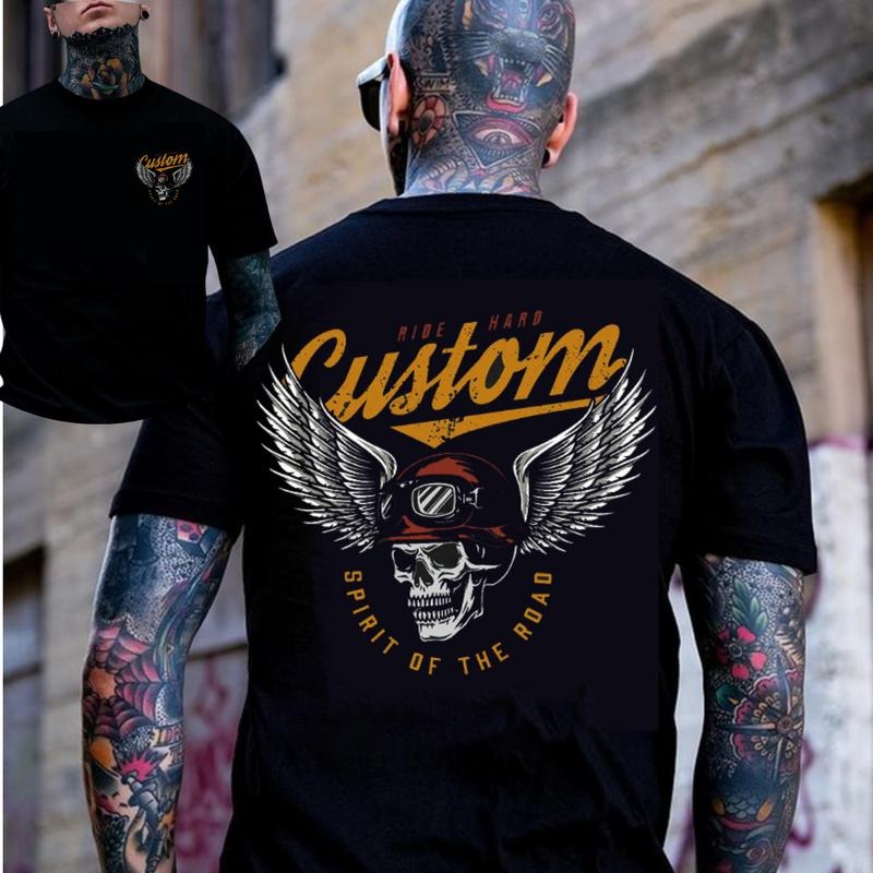 CUSTOM SPIRIT OF THE ROAD Skull with Winged Helmet Black 2 Side Print T-shirt - Sweatshirt - Hoodie, Naughty Clothes Men Cotton, Motorcycle Shirt, Streetwear Menswear