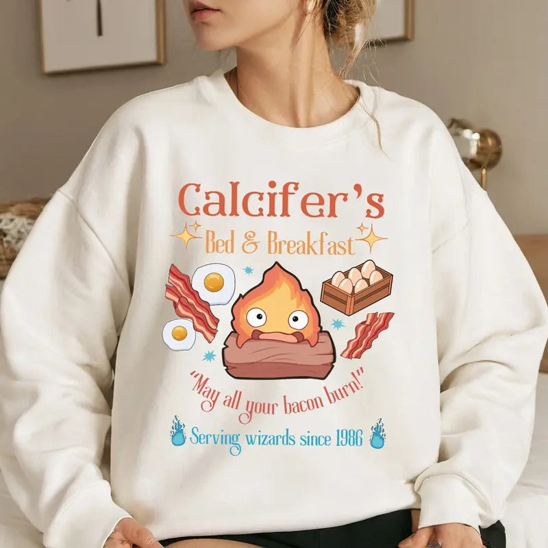 Calcifer's Bed & Breakfast May All Your Bacon Burn Characters Anime Lovers Shirt Crewneck Hoodie, Manga Shirt