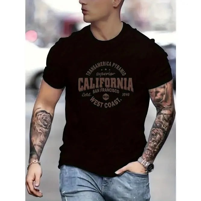 California Graphic Print T-Shirt - 100% Cotton, Casual, Short Sleeve, Crew Neck, Men's Summer Outdoor Clothing for Relaxed Fit Made in USA