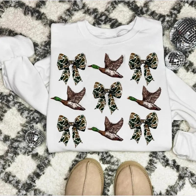 Camo Flying Ducks Bows Bundle Sweatshirt, Ducks Coquette Preppy Camo Bows Tee, Duck Hunting, Full Sizes, Full Colors Sweaters Classic Tops