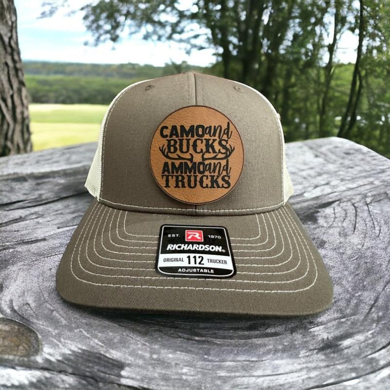 Camo and Bucks Ammo and Trucks Leather Patch Hat | Funny Hunting Custom Trucker Hat | Gift For Him Unique | Richardson 112 or Flexfit Hat