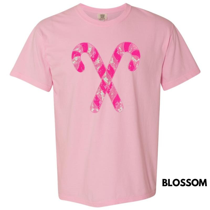Candy Canes Pink Sequin PATCH Comfort Colors T-Shirt