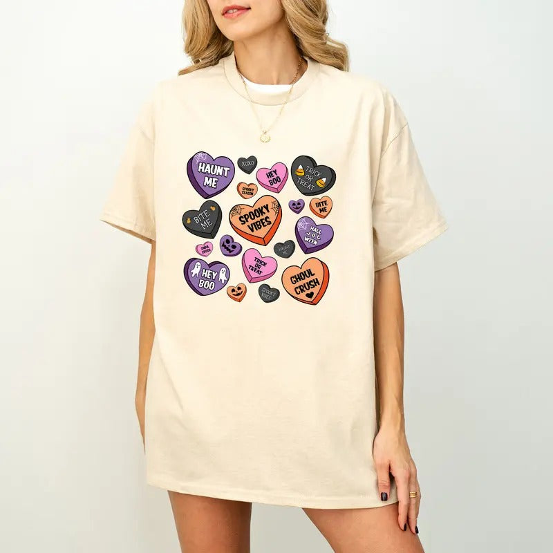 Candy Hearts Halloween T-Shirt, Spooky Vibes Shirt, Halloween Shirt Design, Pumpkin Halloween, Halloween candy Shirt