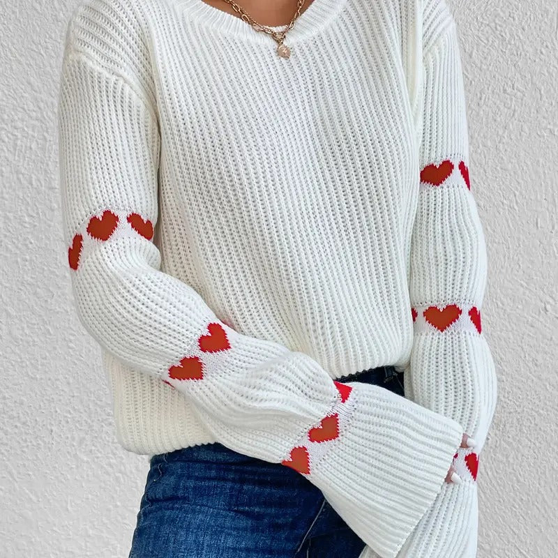 Casual Heart Print Round Neck Drop Shoulder Long Sleeve chunky Knitted Pullover Top