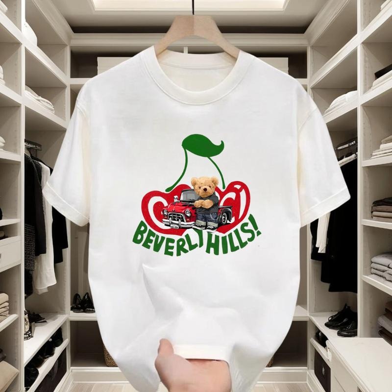 Casual Retro Cotton T - shirt | Adorable Bear & Cherry Print for Weekend Hangouts