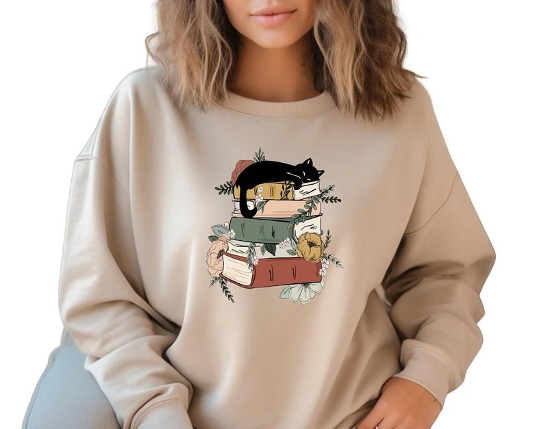 Cat Book Sweatshirt, Books And Cats Hoodie, Cat Lover, Book Lovers, Unisex Sweatshirt, Long Sleeve Crewneck Shirt, Unique Gifts For Women Sweater, Gifts For Birthday Fit Womenswear