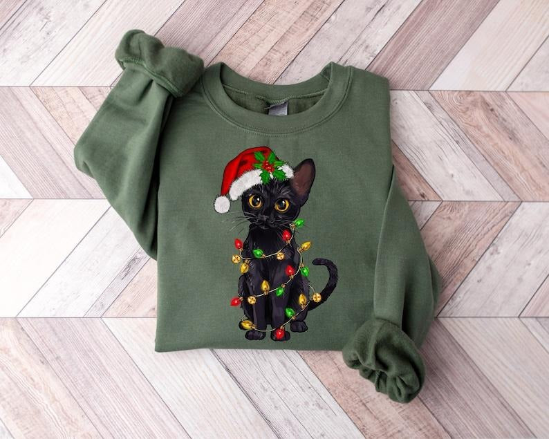 Cat Christmas Sweater, Christmas Cat Sweatshirt, Black Cat Christmas Shirt, Kitten Christmas Shirt, Cat Lover Gift, Cat Mom Tshirt, Xmas Tee, Hoodie and Sweater; T-shirt Cotton Menswear