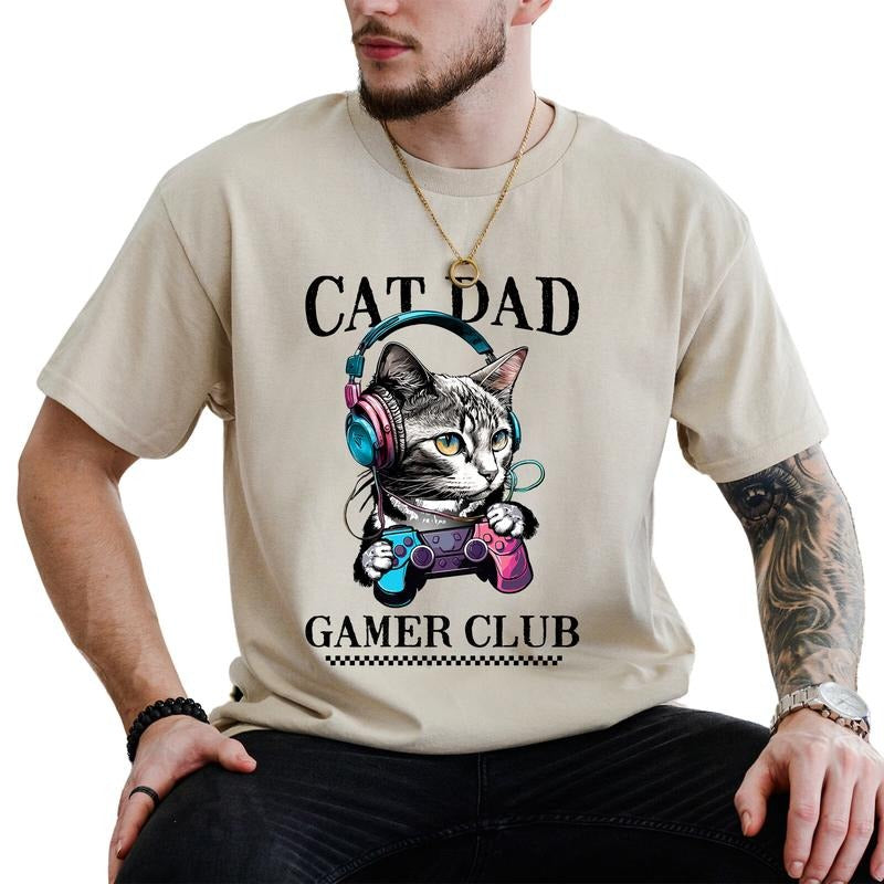Cat Dad Gamer Club Graphic Shirt, Favorite Dad T-shirt, Funny Dad's Life Unhinged Unisex Shirt, Gift For Him, Gaming Daddy Tee, Best Father Menswear