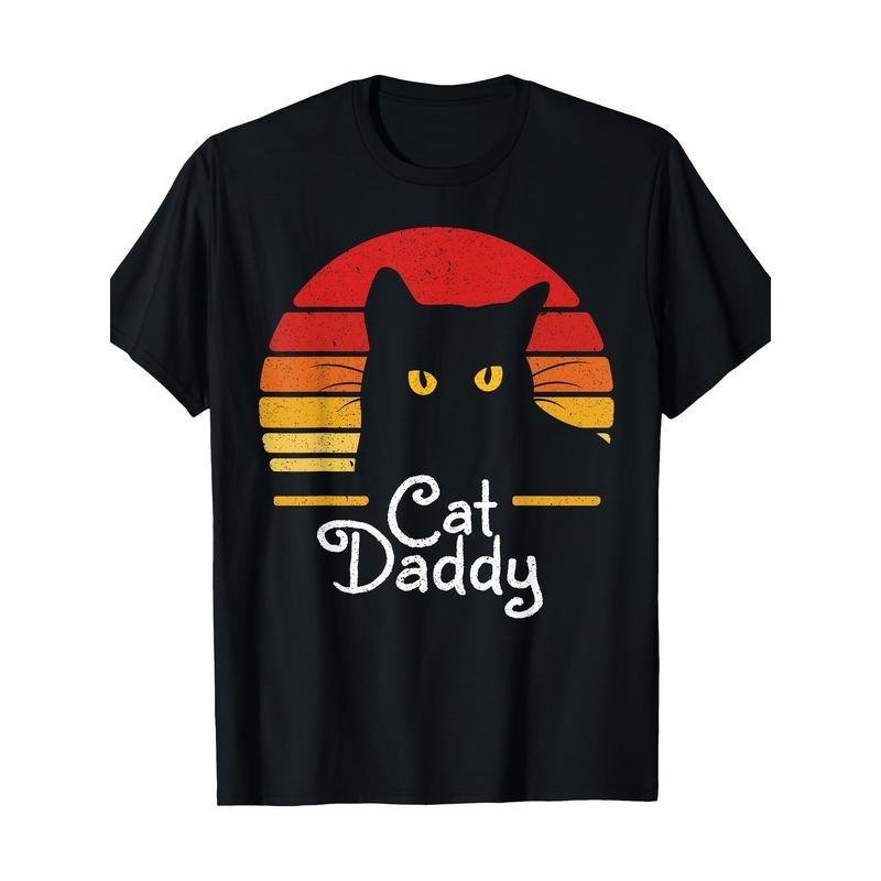 Cat Dad Vintage 70s & 80s Black Cat Graphic Tee - Soft Cotton, Short Sleeve, Crew Neck T-Shirt for Men Made in USA