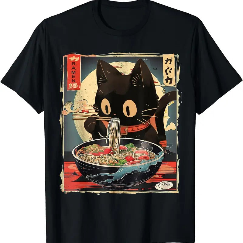 Cat Eating Ramen Noodles Anime Gift T-Shirt | Tee for Men & Women | Cotton