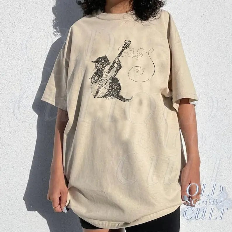Cat Playing Violin Shirt, Cute Retro Minimalistic Graphic Tee, Cat Lovers Gift, Soft Distressed Cotton Shirt, Music Lovers Shirt,Funny Shirt