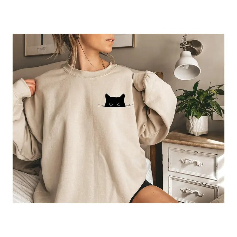 Cat Sweatshirt, cute Cat Sweatshirt, black Cat Shirt, cat Peeking Sweatshirt, womens Funny Sweatshirt, gift For Cats Lover, cat Mom Sweatshirt
