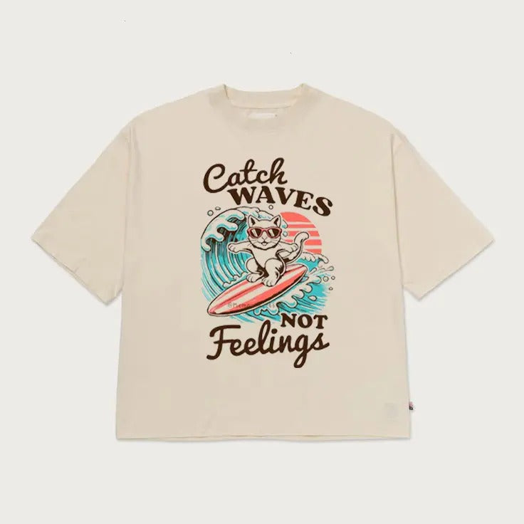 Catch Waves Not Feelings Trending Summer Vacation Funny Beach Shirt Retro Summer Funny Cat Tee