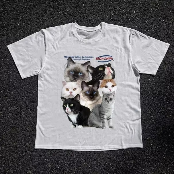 Cats T-Shirt, Unisex Vintage Graphic Tees Gothic Grunge Y2k Emo Scene Amity Affliction Style Clothes Men Women Streetwear