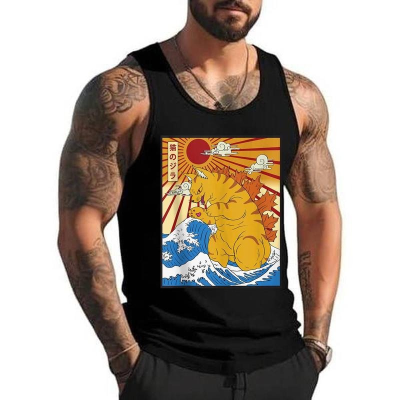 Catzilla Cat Japanese Anime Kawaii Funny Graphic Tees Men Unisex Tank Top, Cotton, Size S-3XL