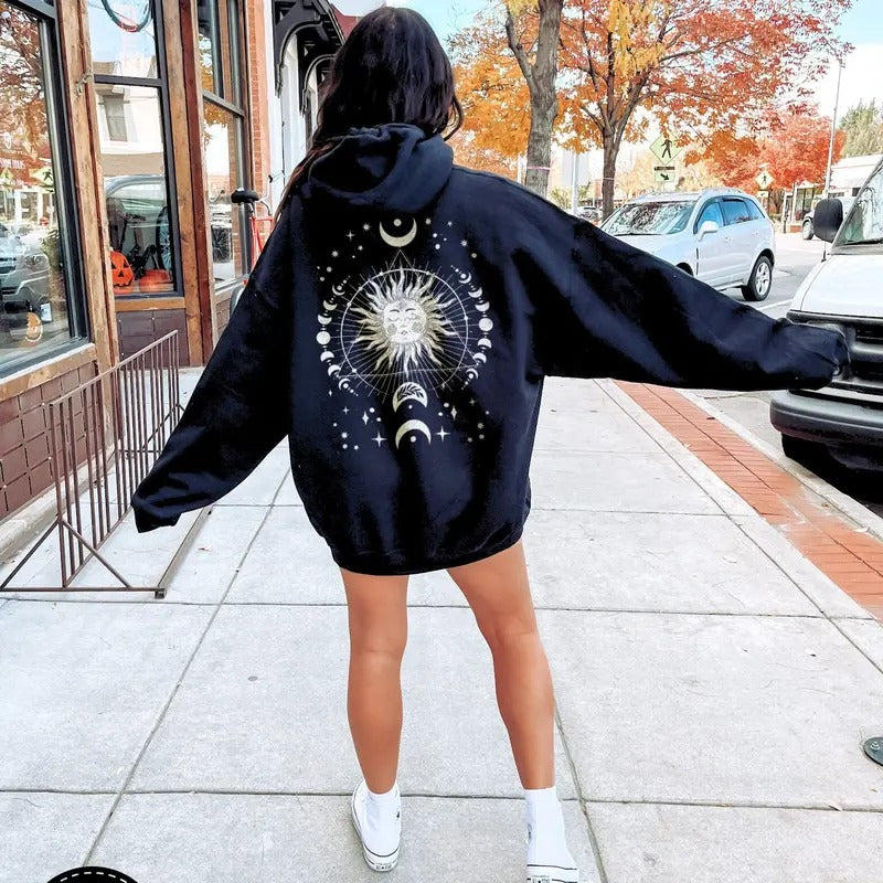 Celestial Boho Sun & Moon Phase Hoodie, Back Print Whimsigoth Sweatshirt, Spiritual Hoodie