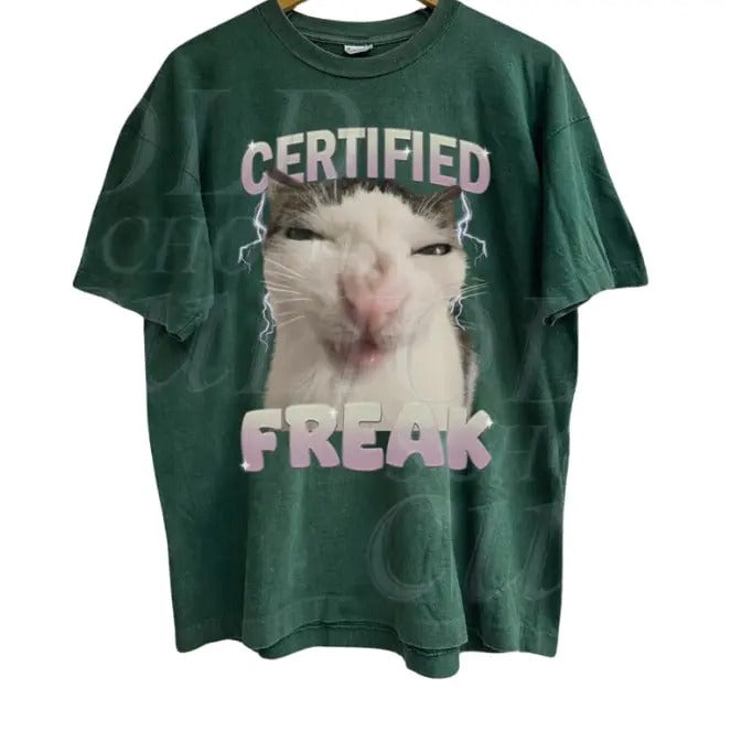 Certified Freak Cat Meme Graphic T-Shirt, Vintage Funny Cat Expression Graphic Tee, Cute Kitty Meme Unisex Retro Top,Fun Pet Humor Gifts Menswear Underwear
