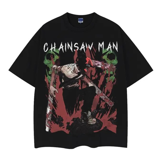 Chainsaw Man "Denji" Heavyweight Vintage Tee 100% Cotton OVERSIZED Anime T-shirt Menswear Top Casual Streetwear Black Baggy Overshirt Tshirt