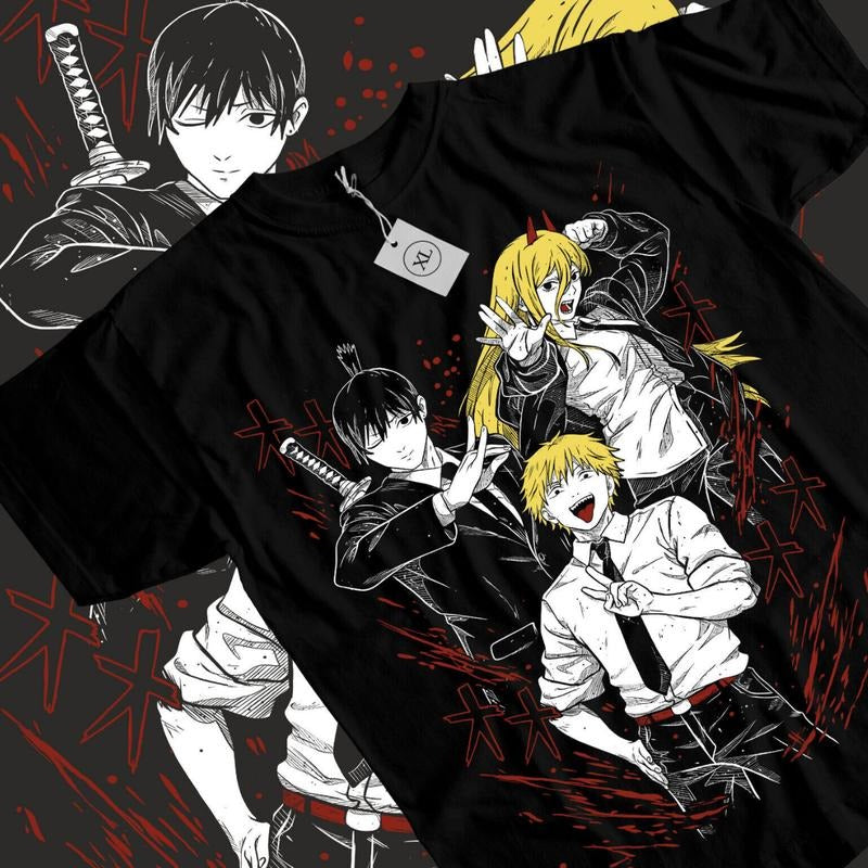 Chainsaw Man T-Shirt & Sweatshirt, Denji Aki And Power Graphic Tee, Anime Manga Lover Gifts Ball Cotton