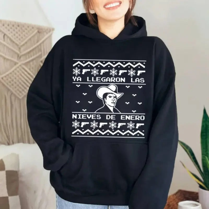 Chalino Black Crew Neck Holiday Sweatshirt, Ya Llegaron Las Bieves De Enero Ugly Shirt, Unisex Sweater Pullover Tee