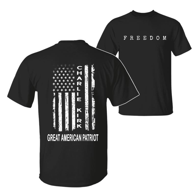 Charlie Kirk Great American Patriot T-Shirt, Memorial Tribute Tee with US Flag Graphic, Pray for Charlie Kirk Shirt, FREEDOM Shirt - A True Patriot Charlie Kirk