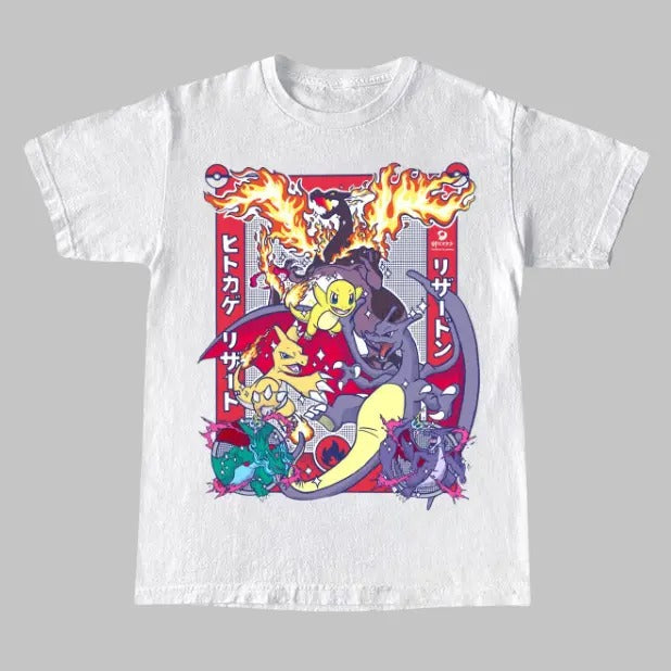 Charmander Family Shiny Vintage Tee, Cute Charizard T-Shirt, Pokemon Shirts, Vintage Graphic Tees, Unisex Anime Manga Shirt Top Menswear Womenswear