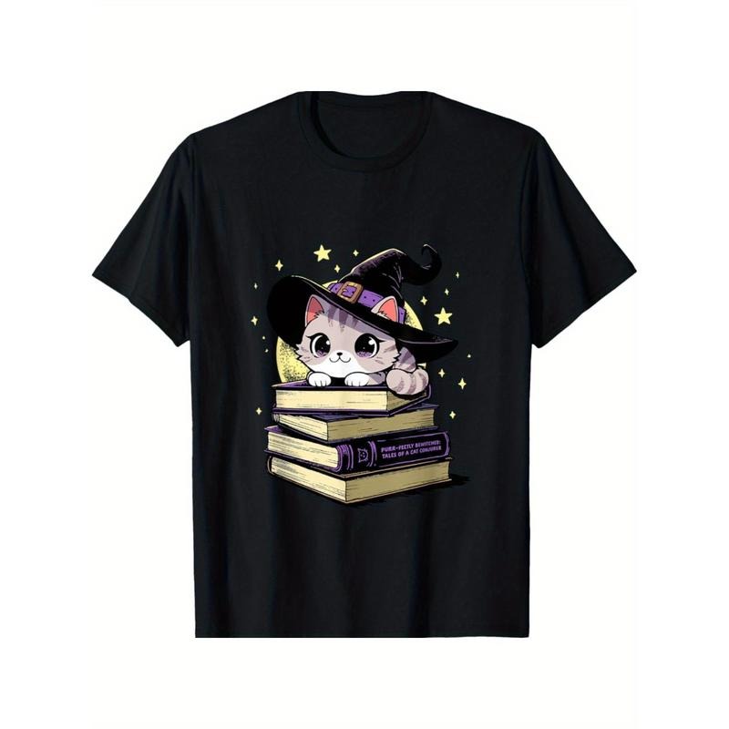 Charming Witch Cat & Magical Books Graphic Tee - Soft Cotton, Crew Neck, Perfect for Casual Outings & Sports - Made in USA