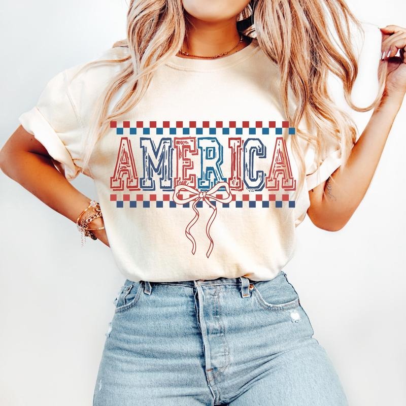 Checkered America Coquette T-Shirt, Retro 4th of July T-Shirt, Memorial Day T-Shirt, USA T-Shirt, Independence Day T-Shirt, Vintage America T-Shirt, 1776 T-Shirt