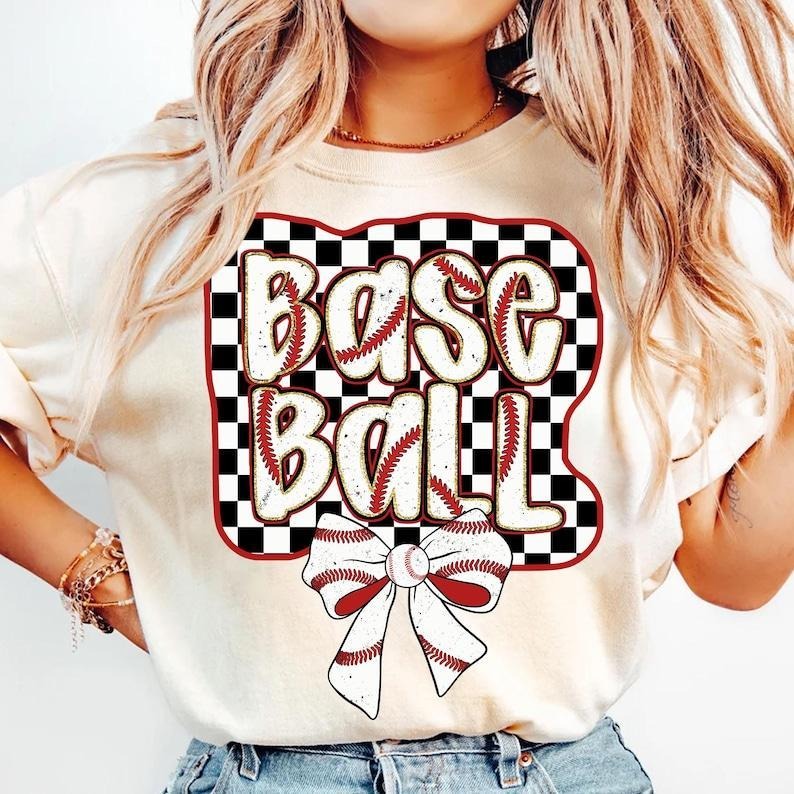 Checkered Baseball Coquette Tshirt-sweatshirt-hoodie, Baseball , Baseball Coquette Bow , Baseball Mama , Brushstroke Baseball , Retro Baseball Tshirt