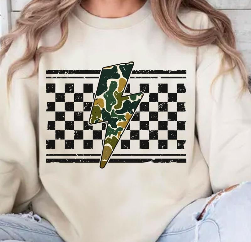 Checkered Camo Lightning Bolt Crewneck Sweatshirt, Camo Distressed Lightning Bolt Shirt, Checkered Hunting Mom - Mama Gift, Camo Lovers Tee