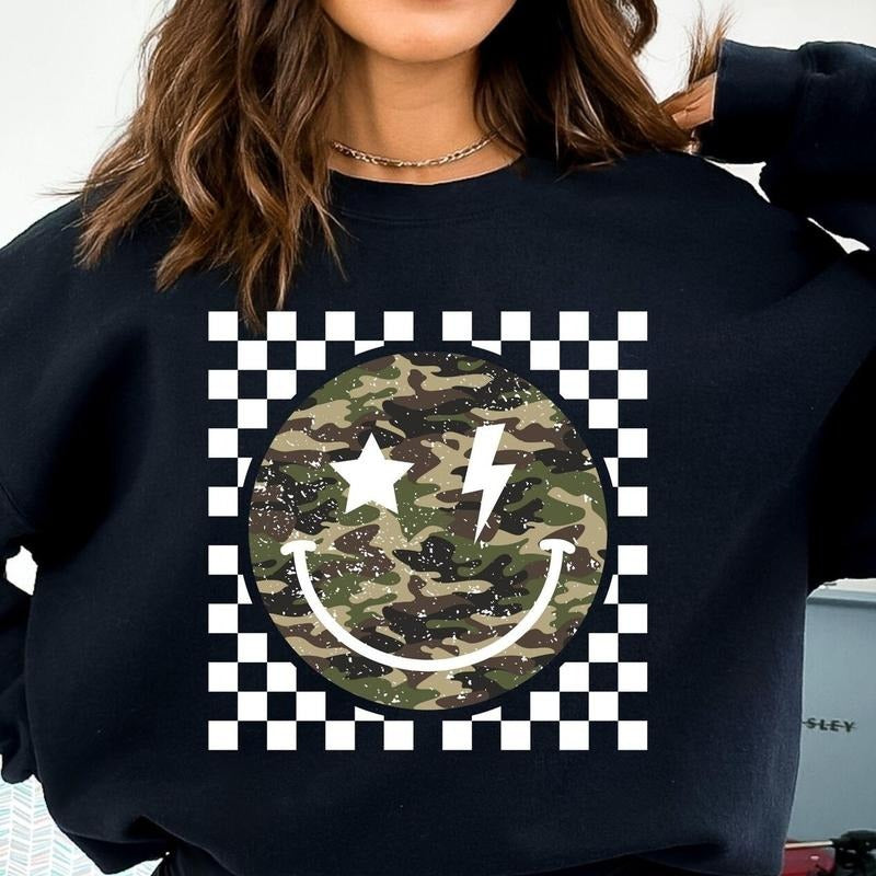 Checkered Camouflage Happy Face Sweater, Camo Happy Face Shirt, Camo Lightning Smile Tee, Distressed Camouflage Gift