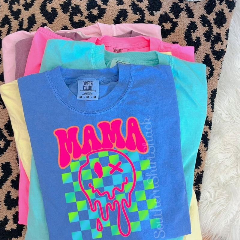 Checkered Drippy Smiley Mama t shirt | Flo Blue comfort colors t shirt | Smiley mama t shirt