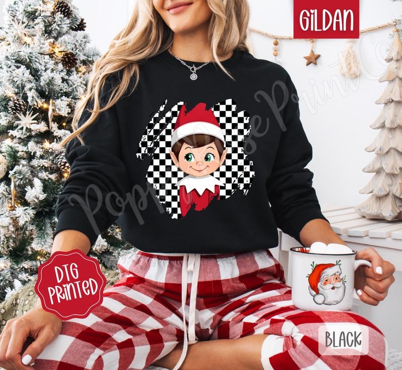 Checkered Elf Sweatshirt, Trendy Women's Christmas Crewneck