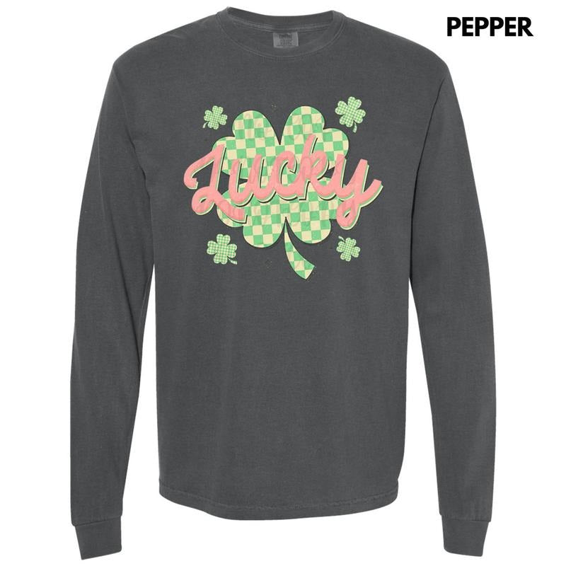 Checkered Lucky Shamrock Long Sleeve Comfort Colors T-Shirt