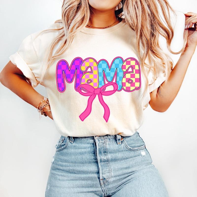 Checkered Mama Coquette T-Shirt, Retro Mama T-Shirt, Trendy Mama T-Shirt, Varsity Mama T-Shirt, Mama Shirt Mothers Day T-Shirt, Pink Mama T-Shirt