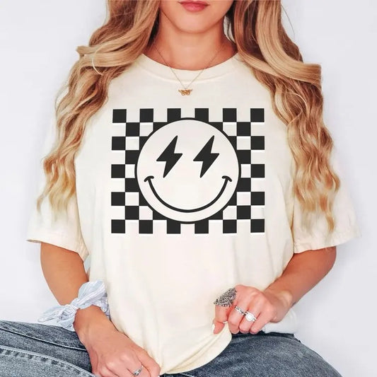 Checkered Smiley FaceT- Shirt, Retro Happy Face Tee, Vintage Checkers Shirt, Lightning Bolt Tee, Happy Shirt, Graphic Tee,Trending Tshirt Casual Top Womenswear Medium
