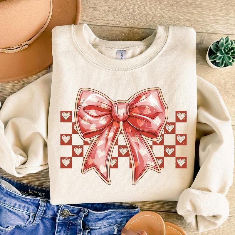 Checkered Valentine's day Heart Coquette Bow Sweat, Retro Valentine Design, Love Sweat, XoXo Sweat, Girls Valentine Sweat, Valentine Heart Sweat