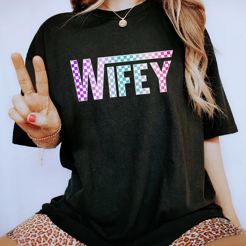 Checkered Wifey Tee, Newlywed Graphic Tee Women, Wedding Gift Shirt, Bridal Shower Gift Tee, Bride Bachelorette Party Outfits, Gift For Wife, Women's Top, Womenswear, Cotton Fabric Relaxed Fit Chic Style